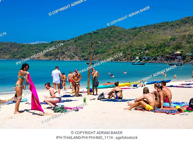 Phi Phi Island Krabi Thailand January 28, 2016 Tourists enjoying the sun at Loh Dalum beach, on Koh Phi Phi Don